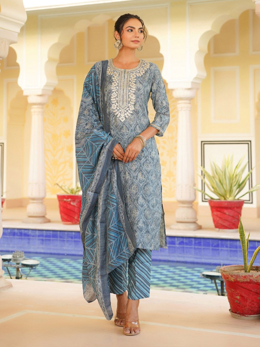 Dhiyona KL Women Ethnic Motifs Embroidered Regular Mirror Work Kurta with Trousers & Dupatta