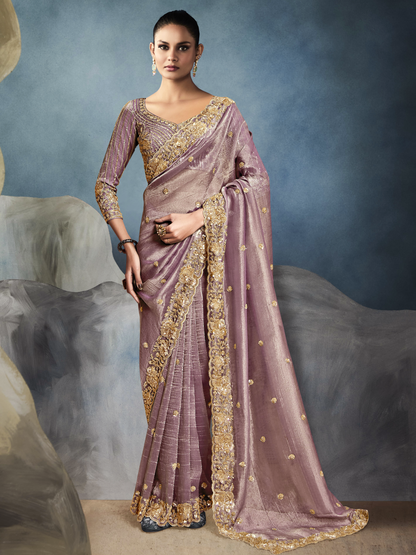 Dhiyona KM Women Tissue Embroidered Fancy Heavy Border Saree