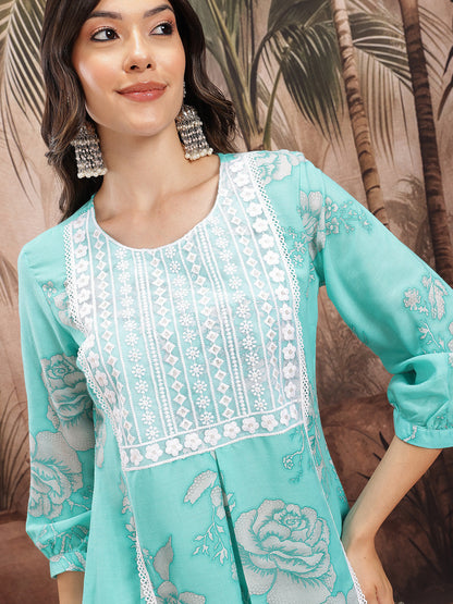 Floral Print Pleated Thread Work Kurta with Palazzos