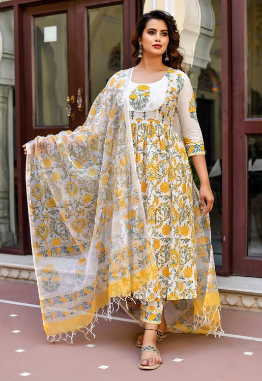 Women Yellow, White Printed, Abstract Viscose Rayon Kurta, Pant And Dupatta Set