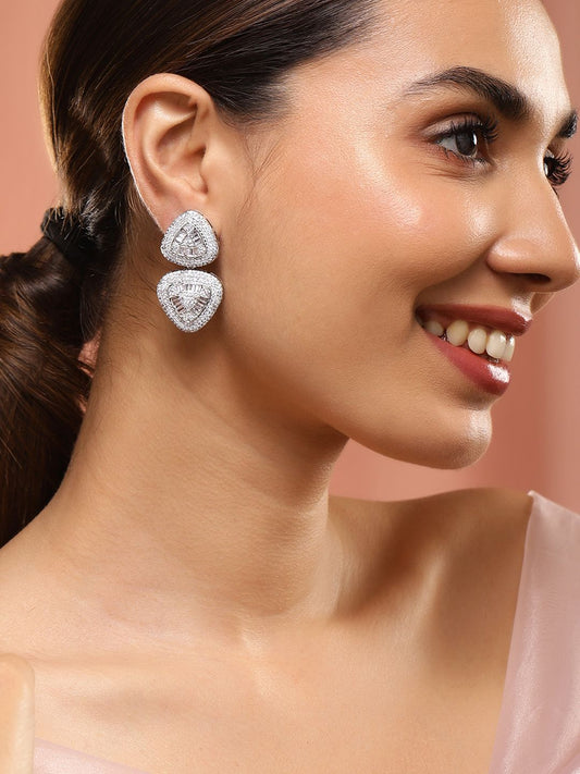 Dhiyona RJ Women's Rhodium Plated Premium AAA Crystal & Cubic Zirconia Studded Triangular Drop Earrings