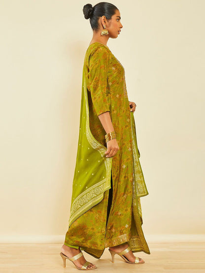 Dhiyona SO Women's Floral Woven Design Beads & Stones Detailed Straight Kurta & Trousers With Dupatta