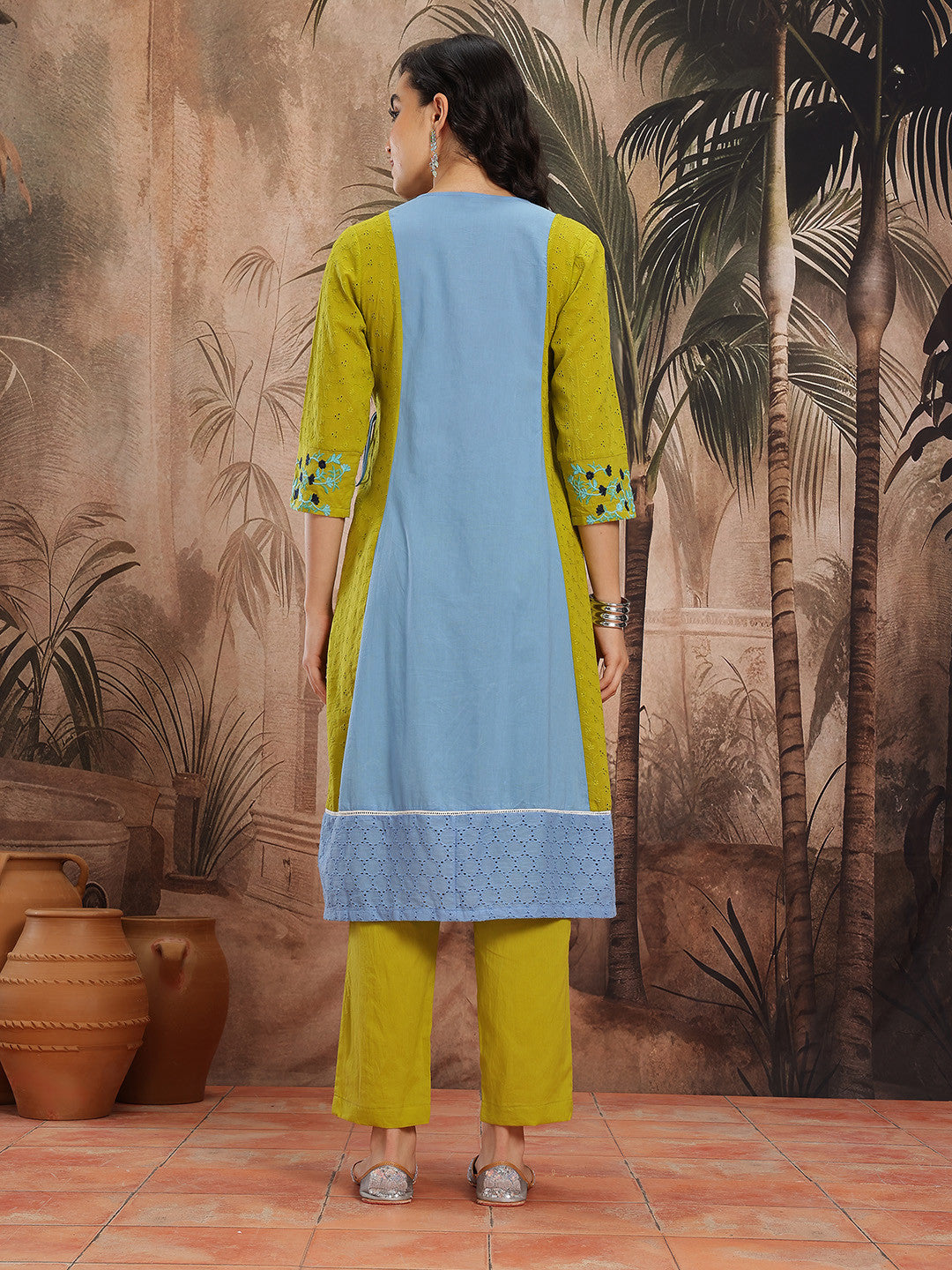 Floral Schiffli Embroidered Angrakha Style Pure Cotton A-Line Republic Day Kurta with Trousers