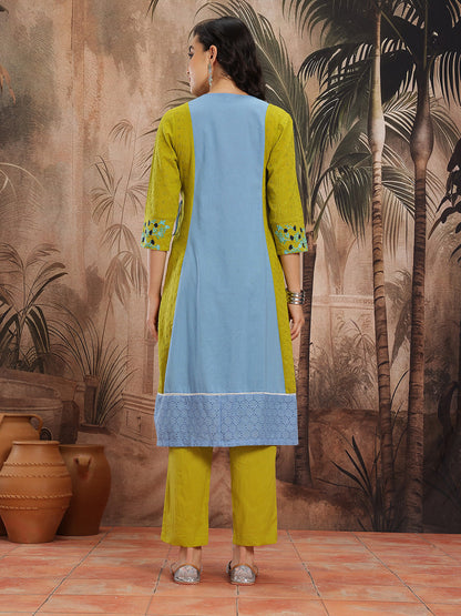 Floral Schiffli Embroidered Angrakha Style Pure Cotton A-Line Republic Day Kurta with Trousers