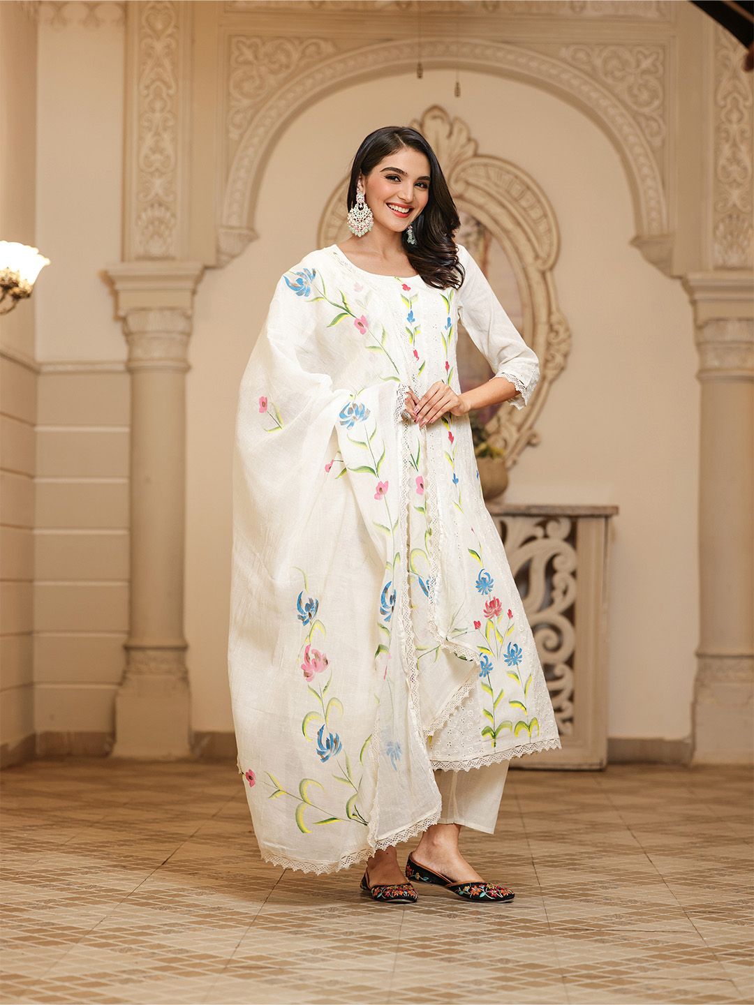 Dhiyona IS Women's Floral Embroidered Pure Cotton A-Line Kurta With Trouser & Dupatta