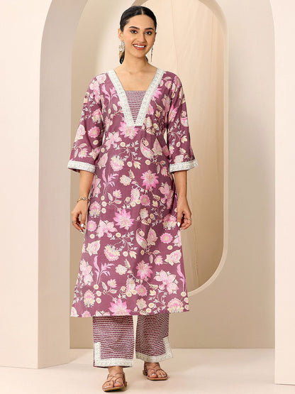 Floral Printed V-Neck Kurta With Trouser