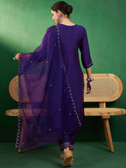 Dhiyona SN Women's Purple & Gold Toned Zari Embroidered Straight Kurta With Trouser & Dupatta