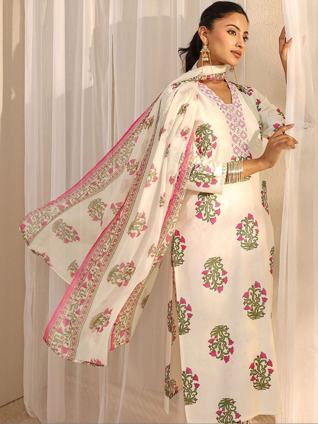 Off White Floral Printed Chanderi Silk Straight Suit Set with Dupatta