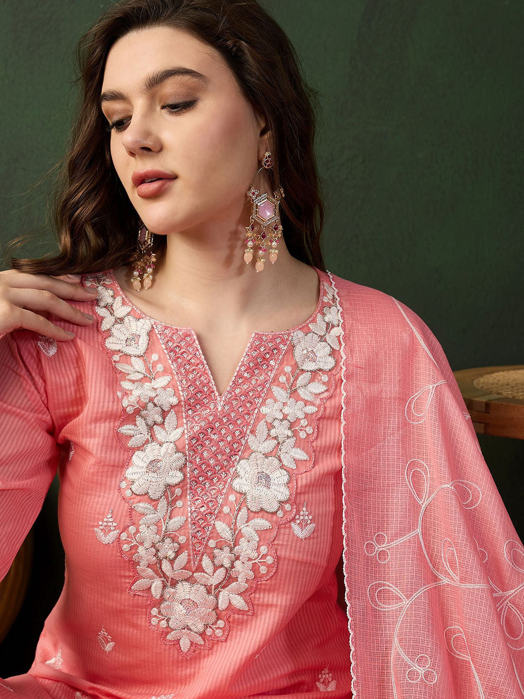 Lucknowi Handwork Embroidered Pure Cotton Straight Kurta Sets With Dupatta