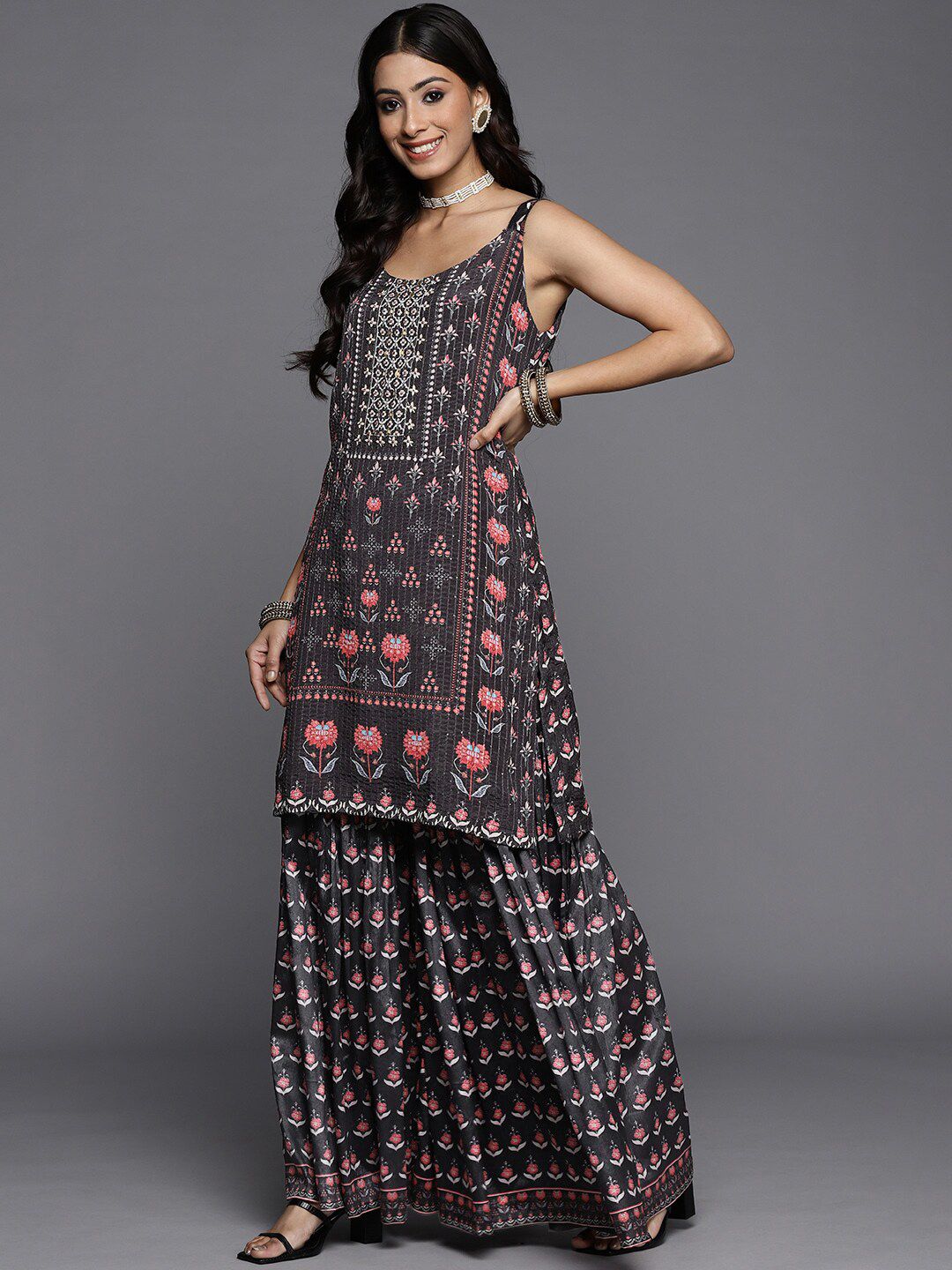Dhiyona KL Floral Printed Sequinned Sleeveless Kurta with Sharara & Dupatta