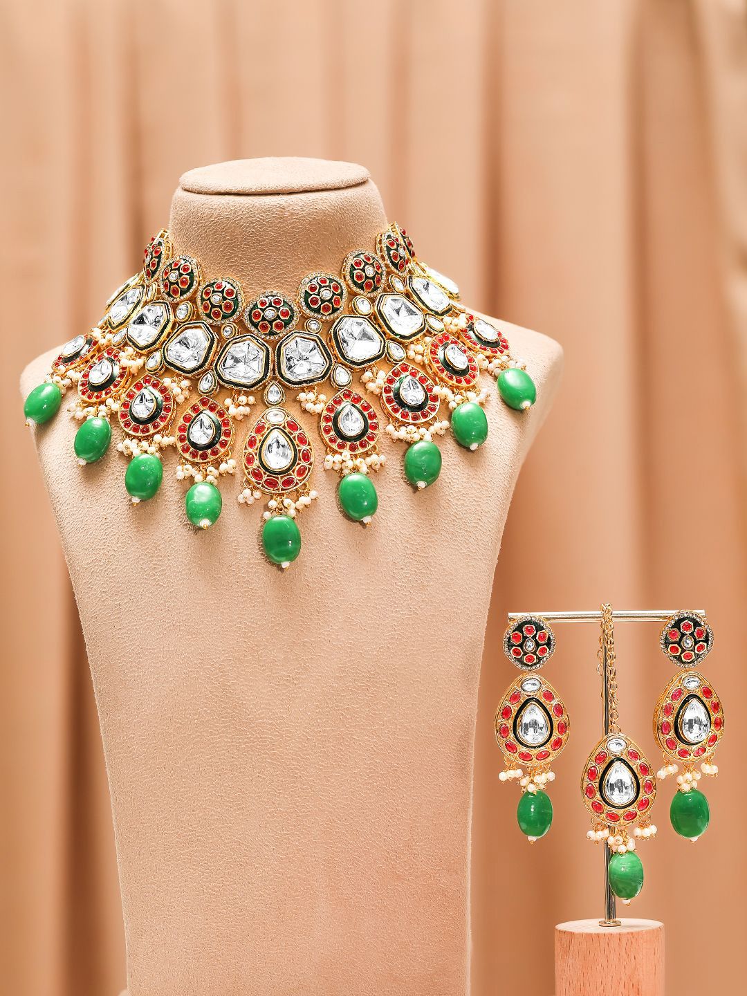 Dhiyona RJ Women's 22K Gold-Plated Kundan Ruby & Green Beaded Bridal Choker Necklace Set