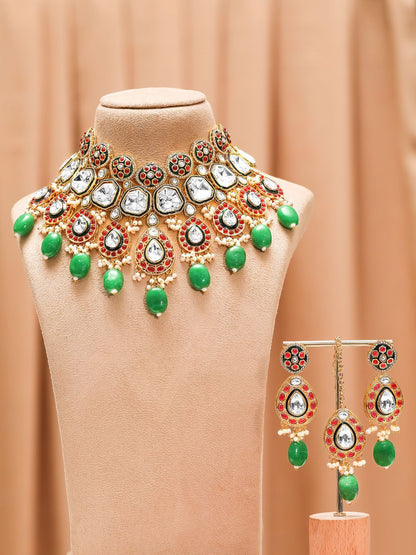 Dhiyona RJ Women's 22K Gold-Plated Kundan Ruby & Green Beaded Bridal Choker Necklace Set