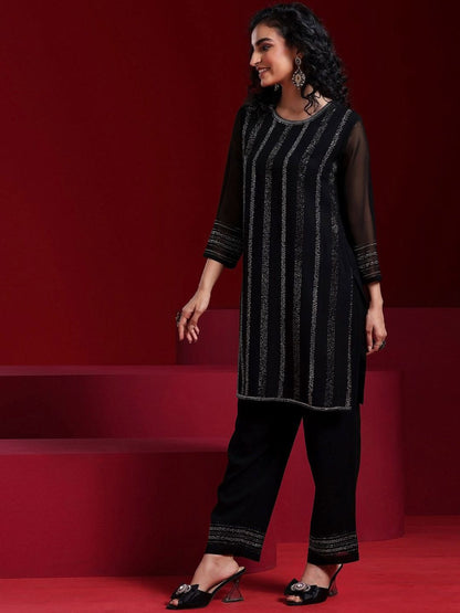 Dhiyona LL Striped Regular Beads and Stones Kurta with Palazzos & Dupatta