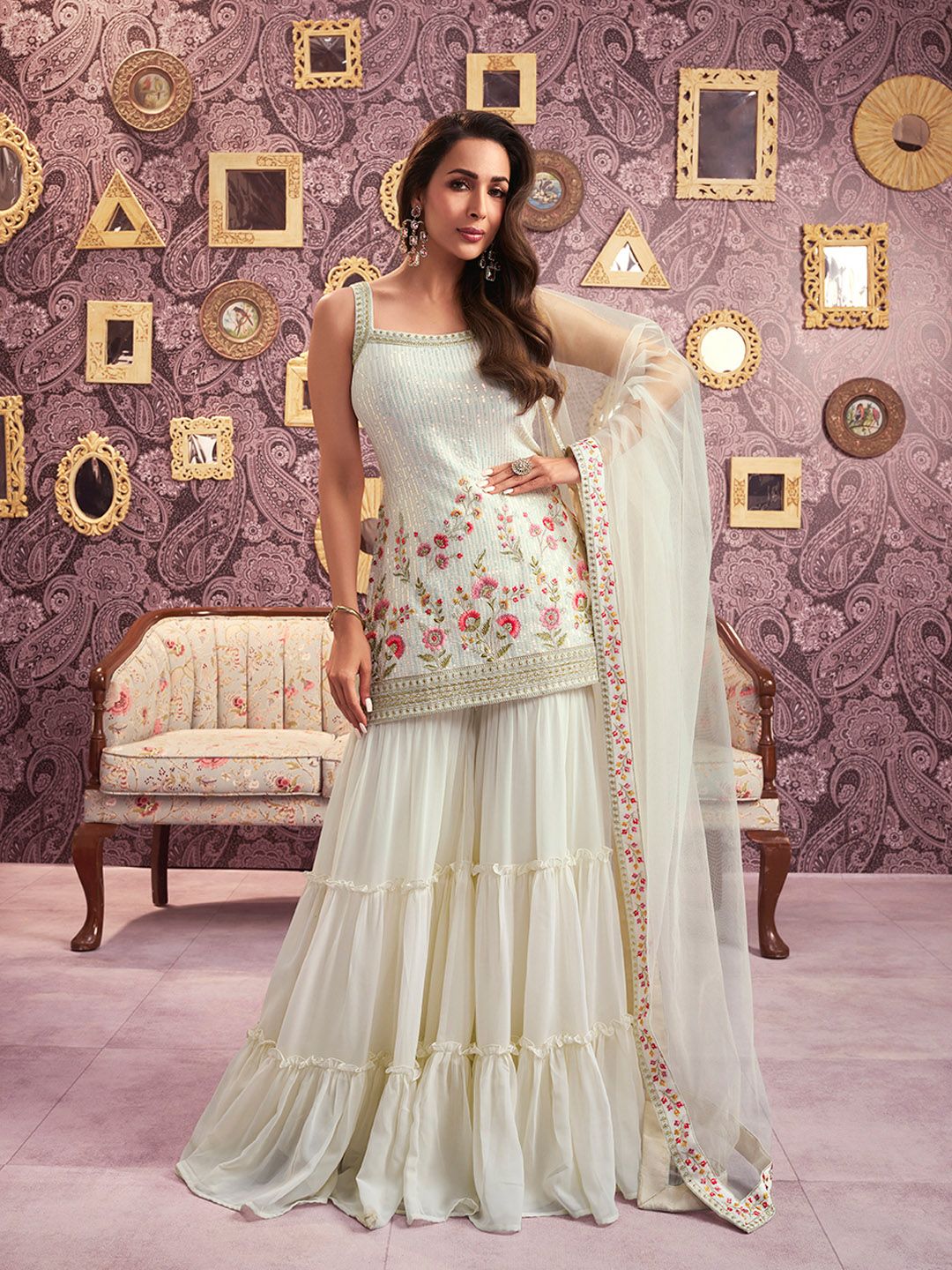 Dhiyona IN Floral Embroidered Georgette Sequinned Straight Kurti & Sharara with Dupatta