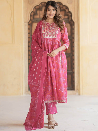 Dhiyona KL Bandhani Embroidered Regular Thread Work Pure Cotton Kurta with Trousers & Dupatta