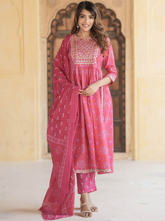Dhiyona KL Bandhani Embroidered Regular Thread Work Pure Cotton Kurta with Trousers & Dupatta