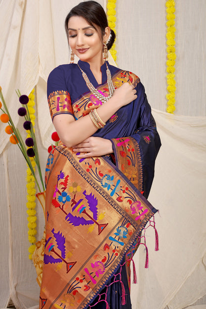 Dhiyona GR Women's Lotus Navy Zari Paithani Silk Saree