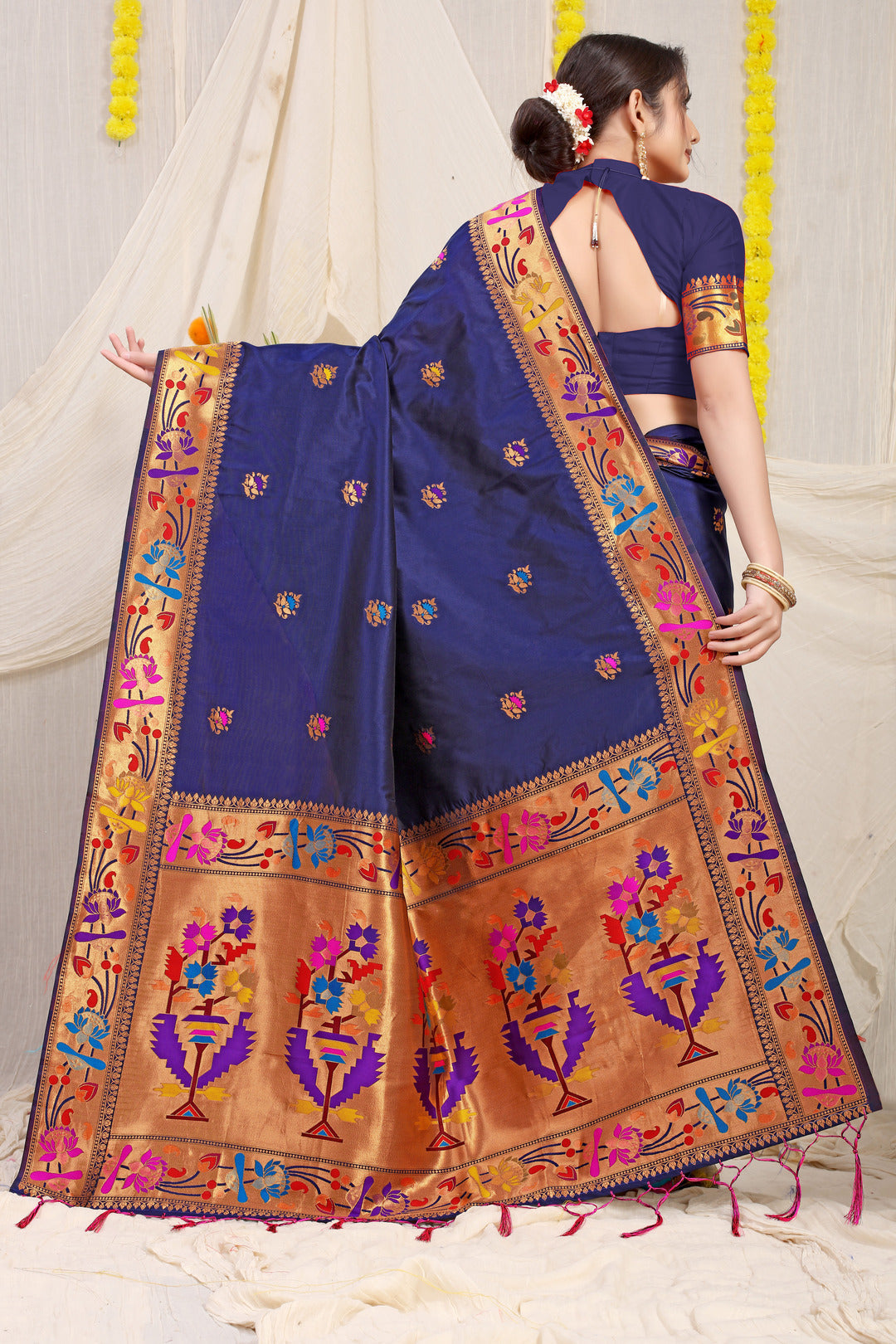 Dhiyona GR Women's Lotus Navy Zari Paithani Silk Saree