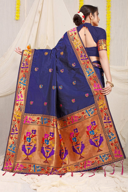 Dhiyona GR Women's Lotus Navy Zari Paithani Silk Saree
