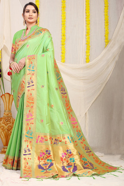 Dhiyona GR Women's Lotus Pista Green Zari Paithani Silk Saree