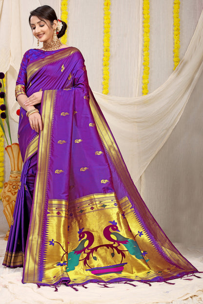 Dhiyona GR Women's Gol Mor Purple Zari Paithani Silk Saree