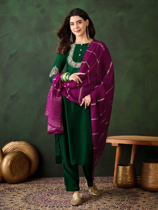 Dhiyona SN Women's Floral Embroidered Thread Work Straight Kurta With Trousers & Dupatta