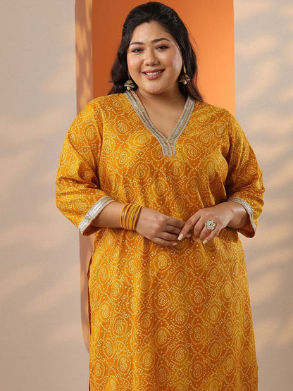 Dhiyona Women's Plus Size Bandhani Printed Straight Kurta With Palazzos & Dupatta