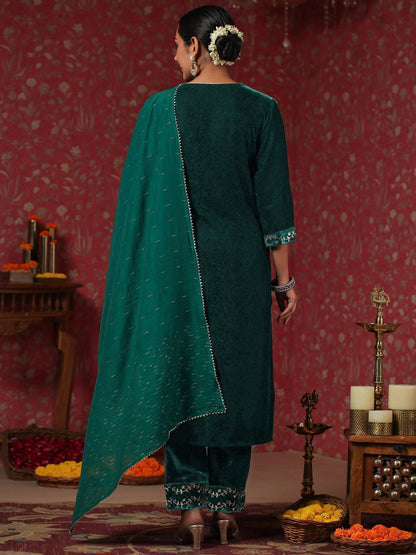 Dhiyona IS Women's Teal Ethnic Motifs Embroidered Thread Work Velvet Kurta With Trousers & Dupatta