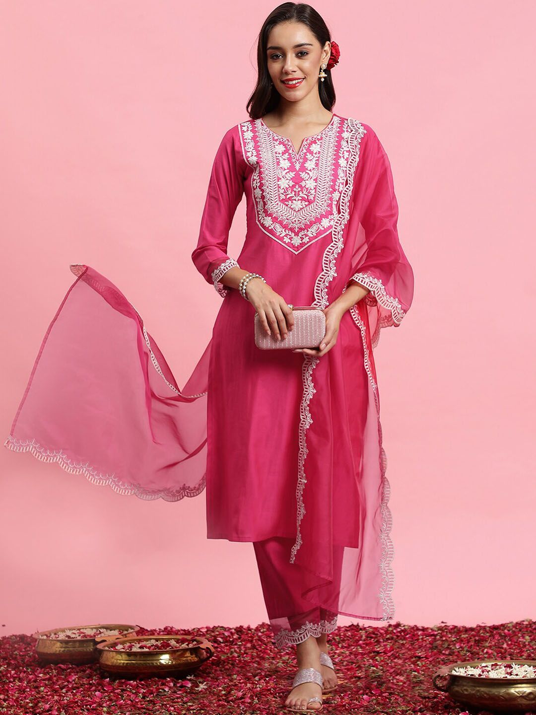 Dhiyona IE Floral Embroidered Yoke Design Kurta With Trousers & Dupatta