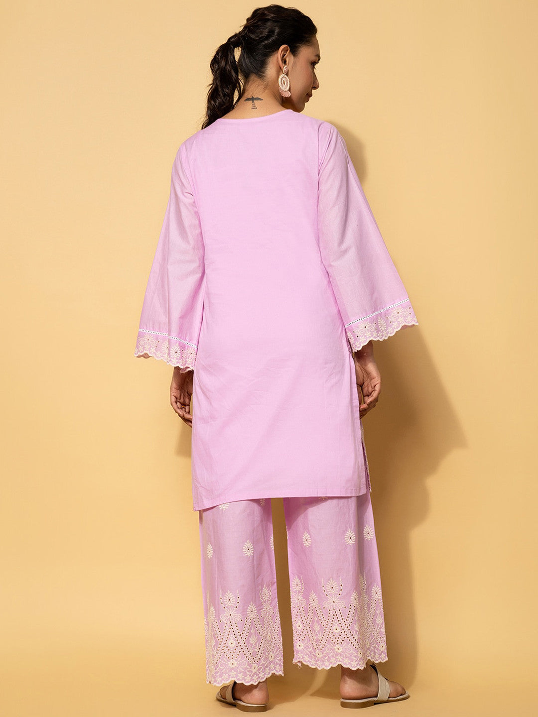 Self-Deisgn V-Neck Flared Sleeves Pure Cotton Kurta Set