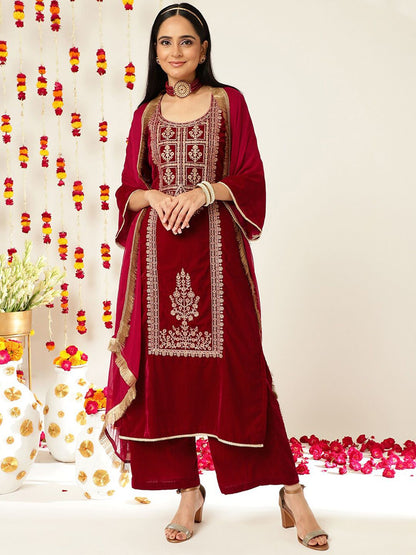 Dhiyona VA Burgundy Ethnic Motifs Embroidered Velvet Kurta With Palazzos & Dupatta