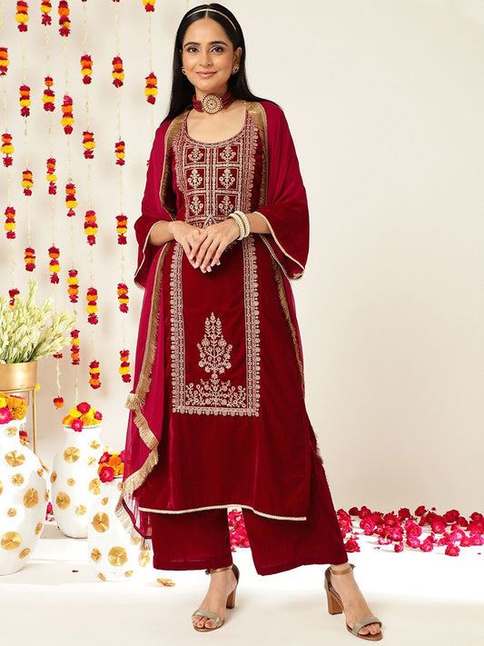 Dhiyona VA Burgundy Ethnic Motifs Embroidered Velvet Kurta With Palazzos & Dupatta