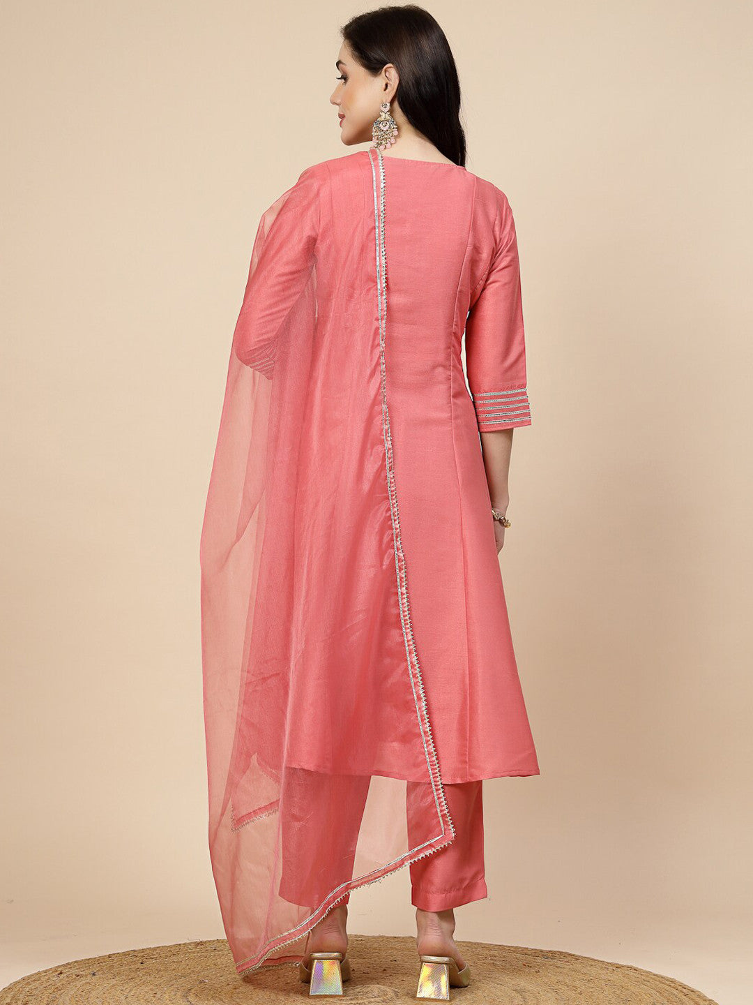 Peach-Coloured Mirror Work Embroidered Anarkali Kurta & Trousers With Dupatta