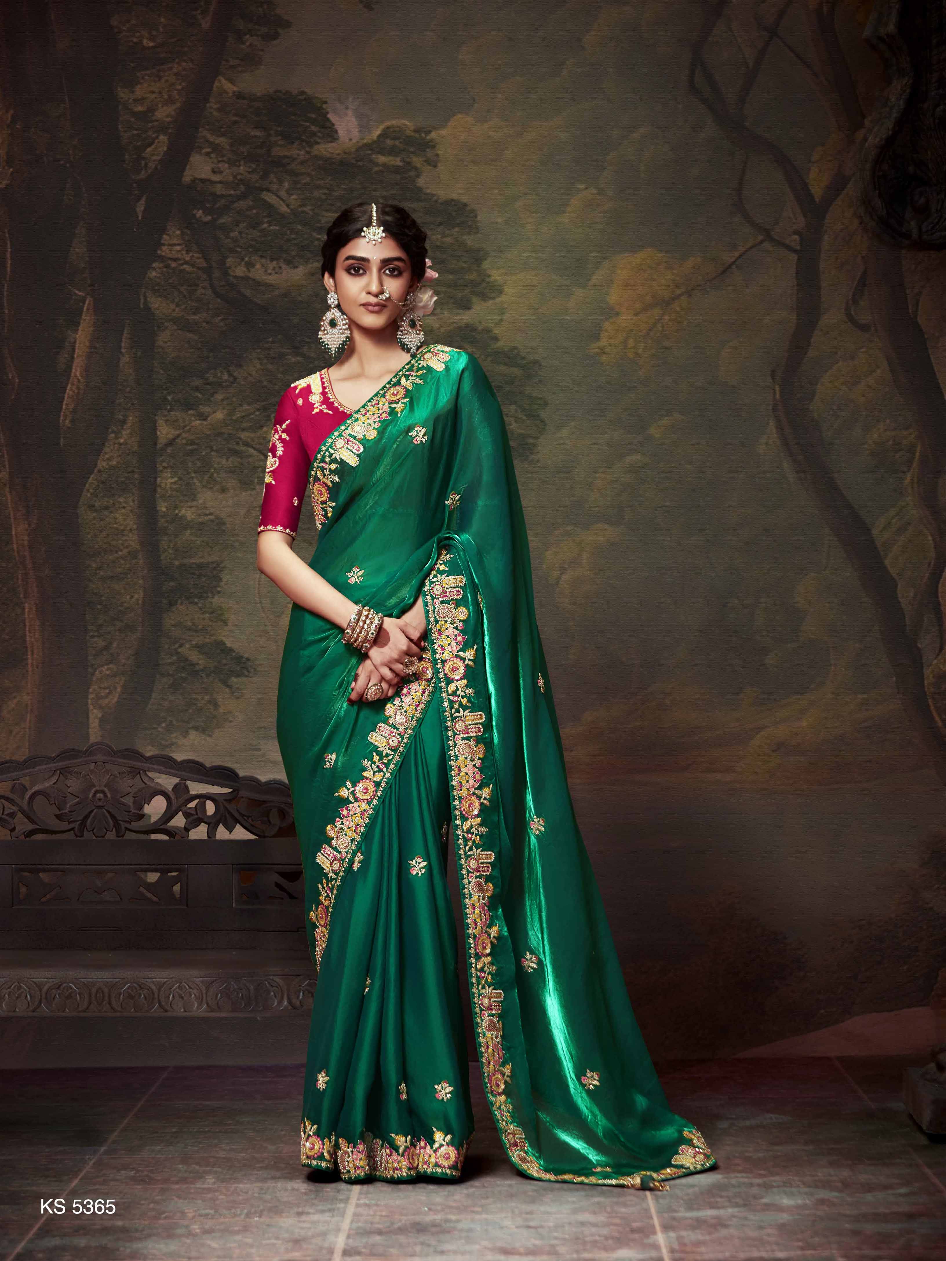 Dhiyona KM Women Emerald Green Designer Organza Silk Saree