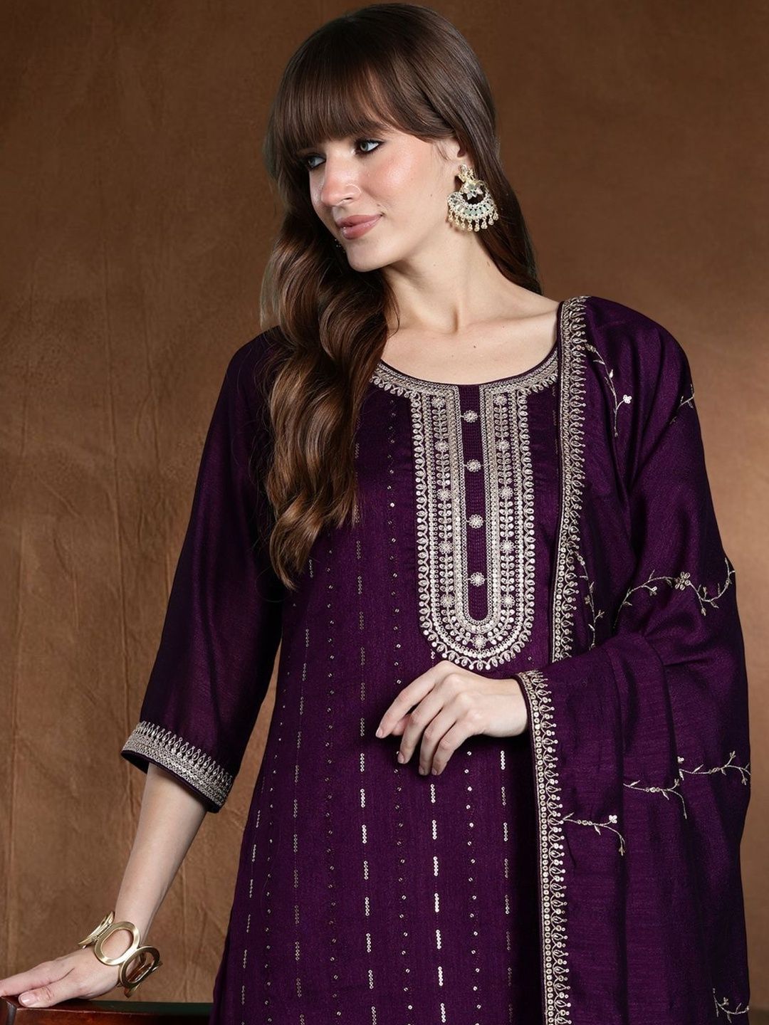 Women Ethnic Motifs Embroidered Regular Sequinned Kurta with Trousers & With Dupatta