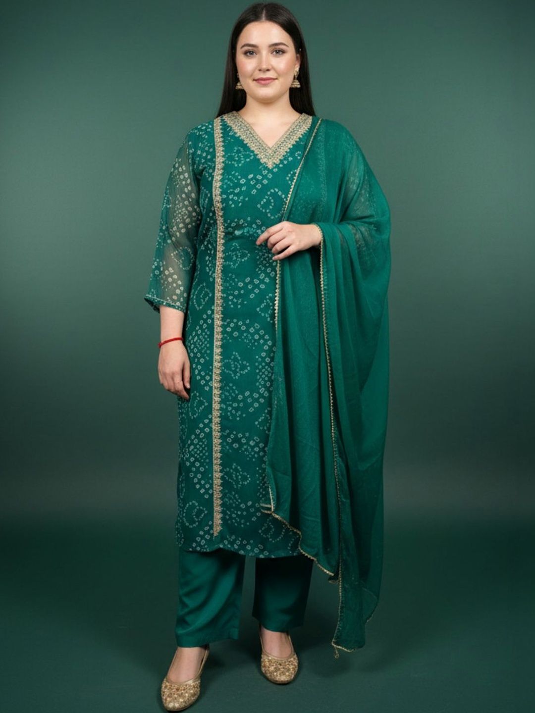 Dhiyona Women's Bandhani Printed Regular Gotta Patti Kurta with Trousers & With Dupatta