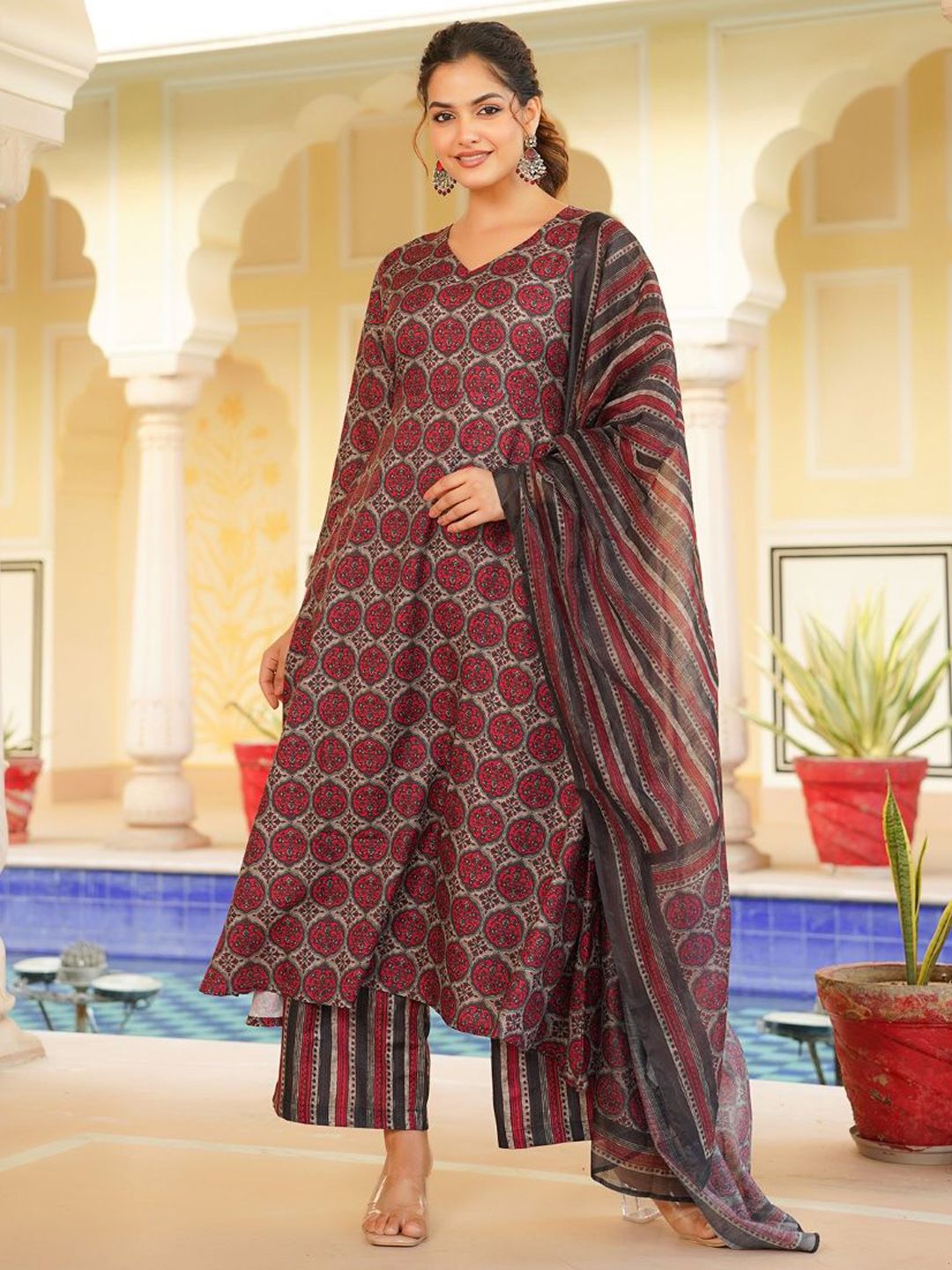 Dhiyona KL Floral Printed V-Neck A-Line Kurta with Palazzos And Dupatta