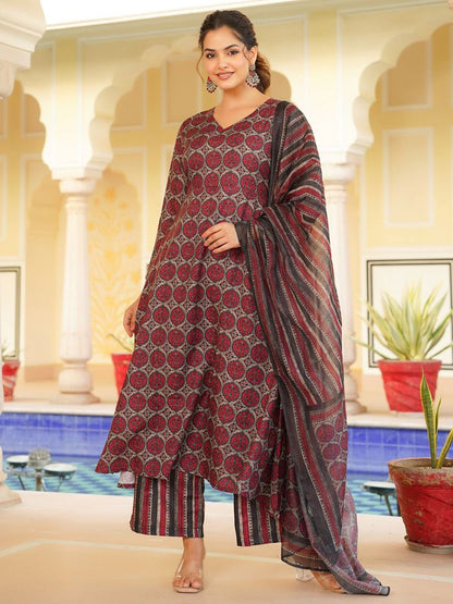 Dhiyona KL Floral Printed V-Neck A-Line Kurta with Palazzos And Dupatta