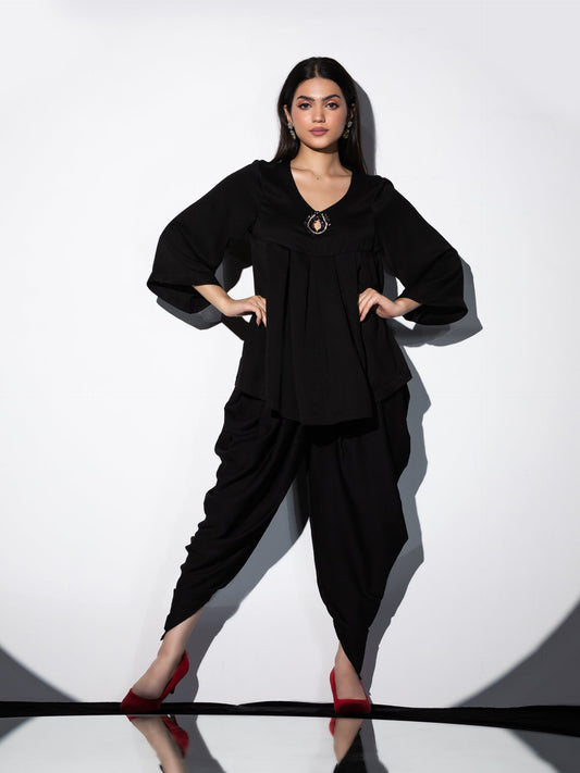 Dhiyona ST Women's Glass Keyhole Black Korean Top Set with Dhoti Pants 2 Piece Set | Straight Fit, Keyhole Neck, Full Sleeves, Dhoti Pants, Festive Wear, (Korean Fabric)