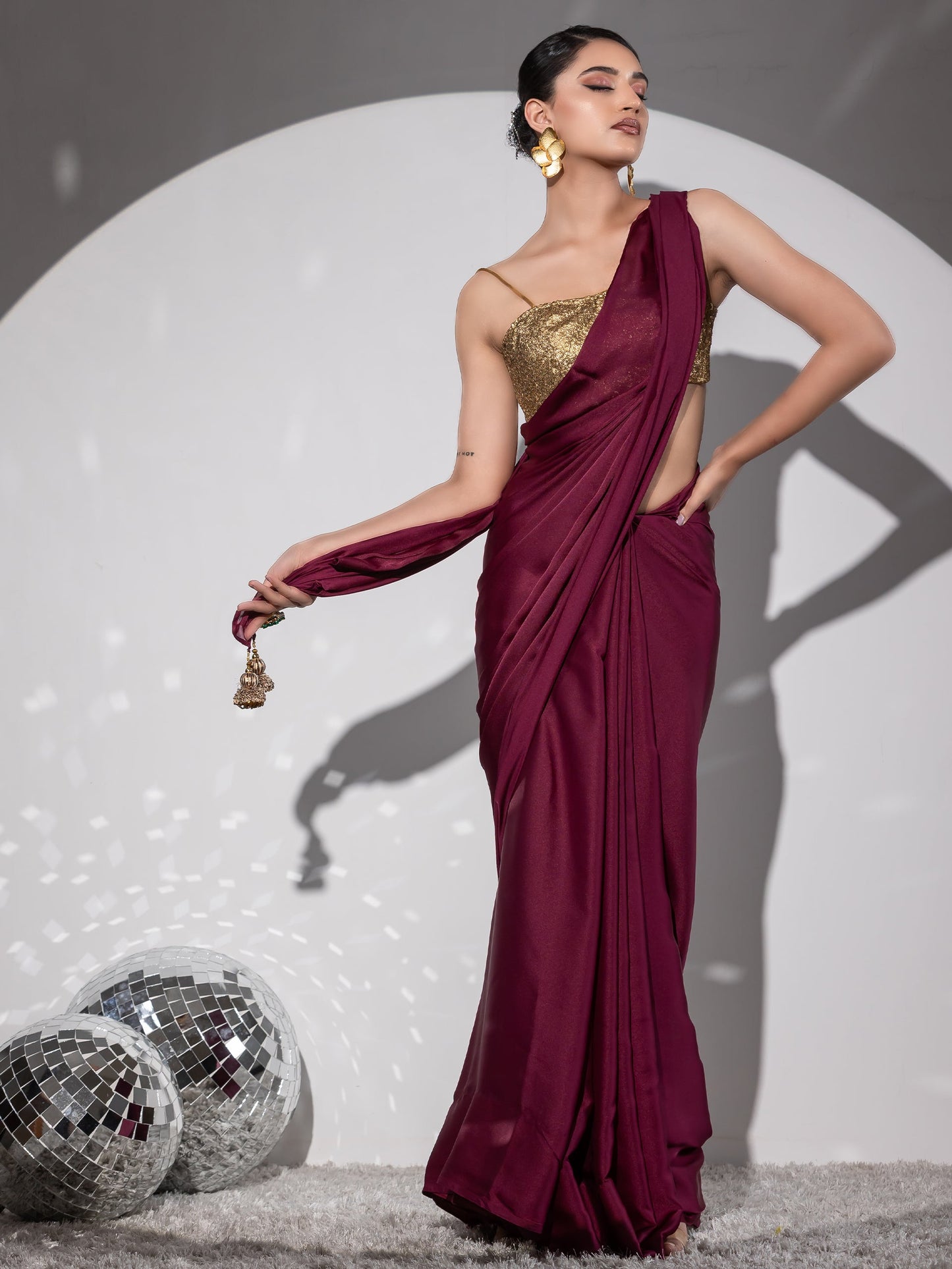 Dhiyona ST Wine Satin Saree with Bronze Pendants