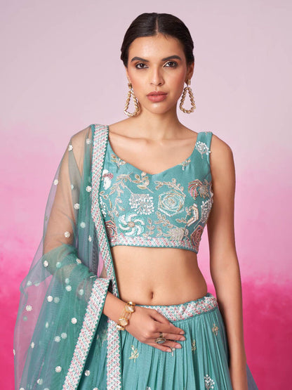 Women Turquois Blue Pure Georgette Sequins embroidery Lehenga choli & Dupatta