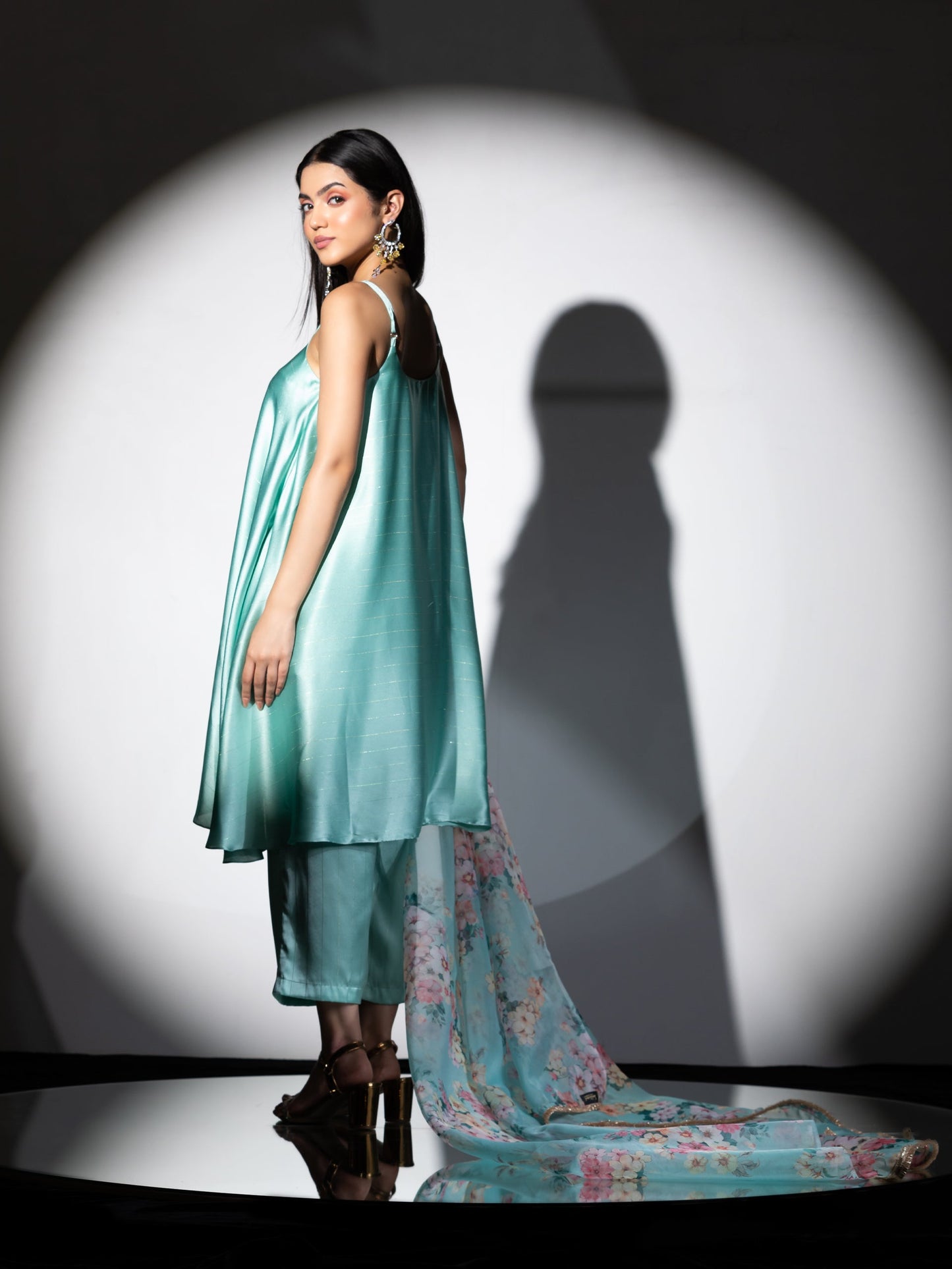 Dhiyona ST Women's Mint Stripe Satin Dress Set with Pants and Organza Printed Dupatta with Lace 3 Piece Set | Straight Fit, Round Neck, Sleeveless, Pants, Partywear, (Satin Organza)
