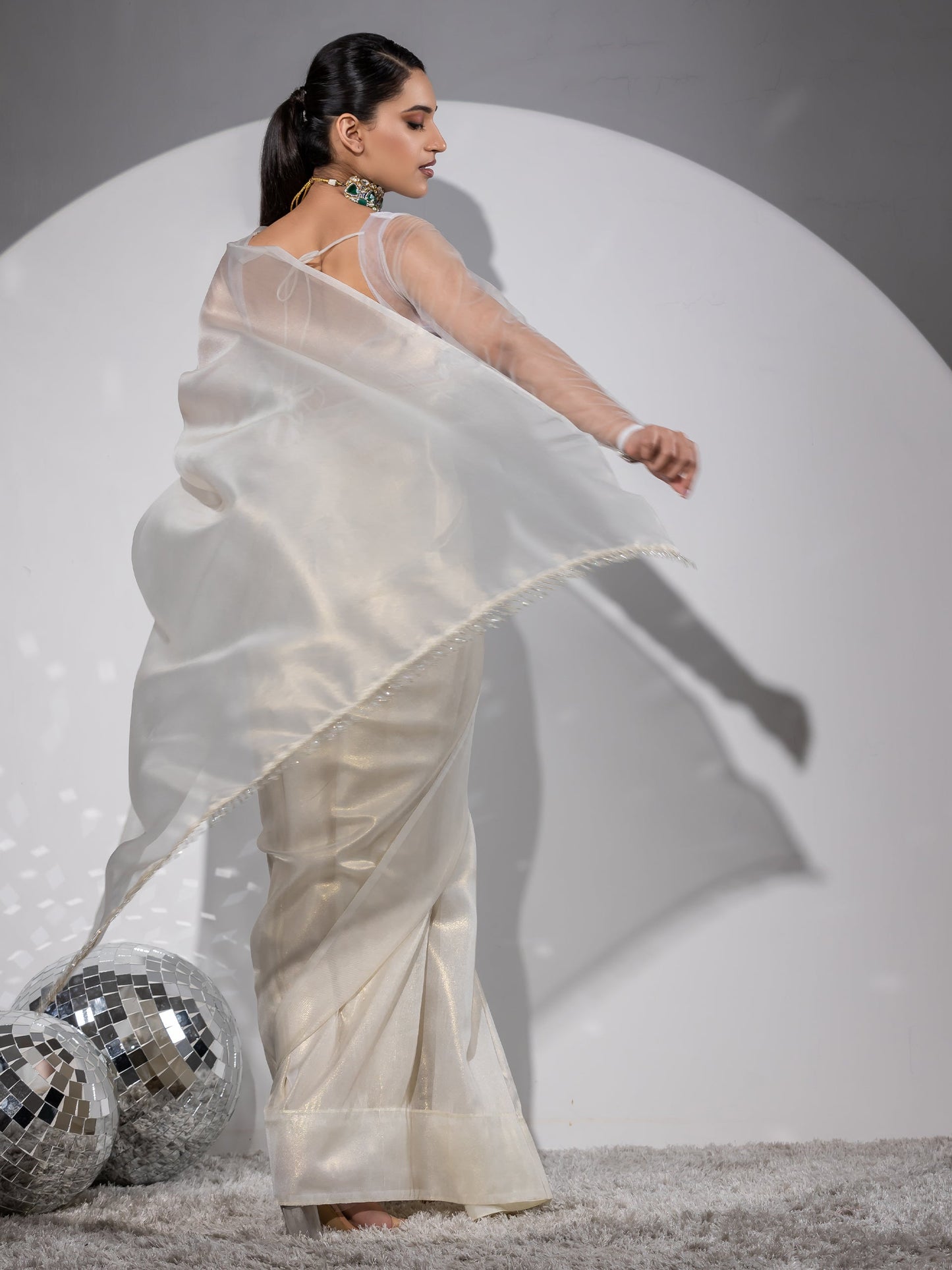 Dhiyona ST Royal Affair White Gold Organza Saree with Embroidered Blouse Fabric