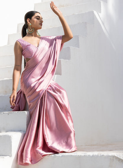 Dhiyona ST Cherry Blossom Pink Stripe Satin Saree with Embroidery Blouse fabric