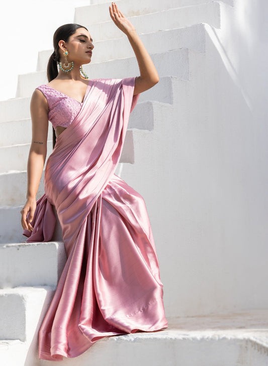 Dhiyona ST Cherry Blossom Pink Stripe Satin Saree with Embroidery Blouse fabric