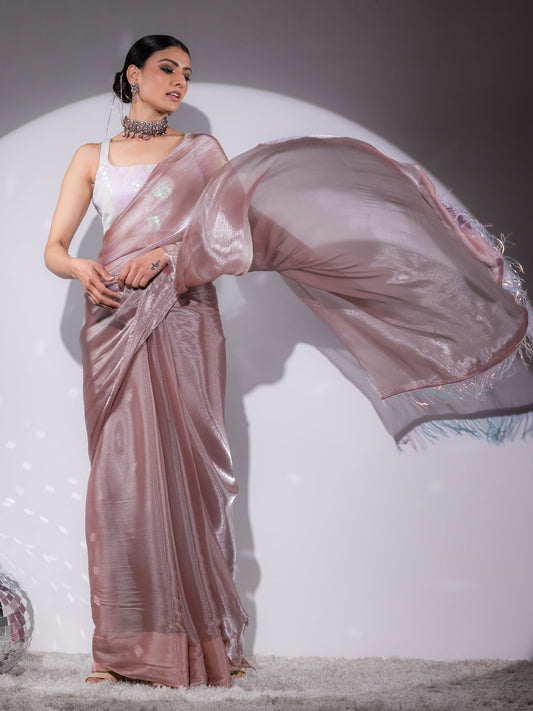 Dhiyona ST Rosy Cloud Organza Satin Saree with Long Iridescent Lace