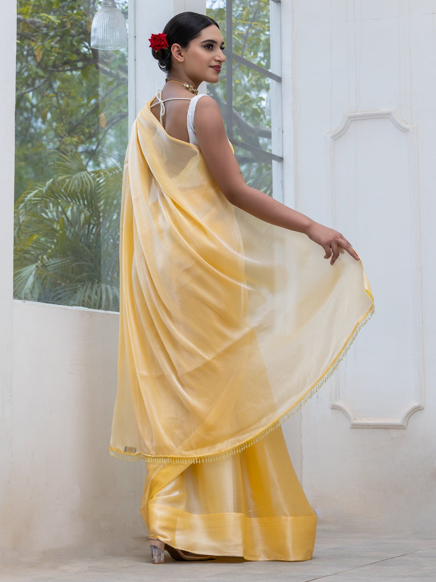 Dhiyona ST Lemon Fizz Chiffon Organza Saree with Lace and Blouse fabric