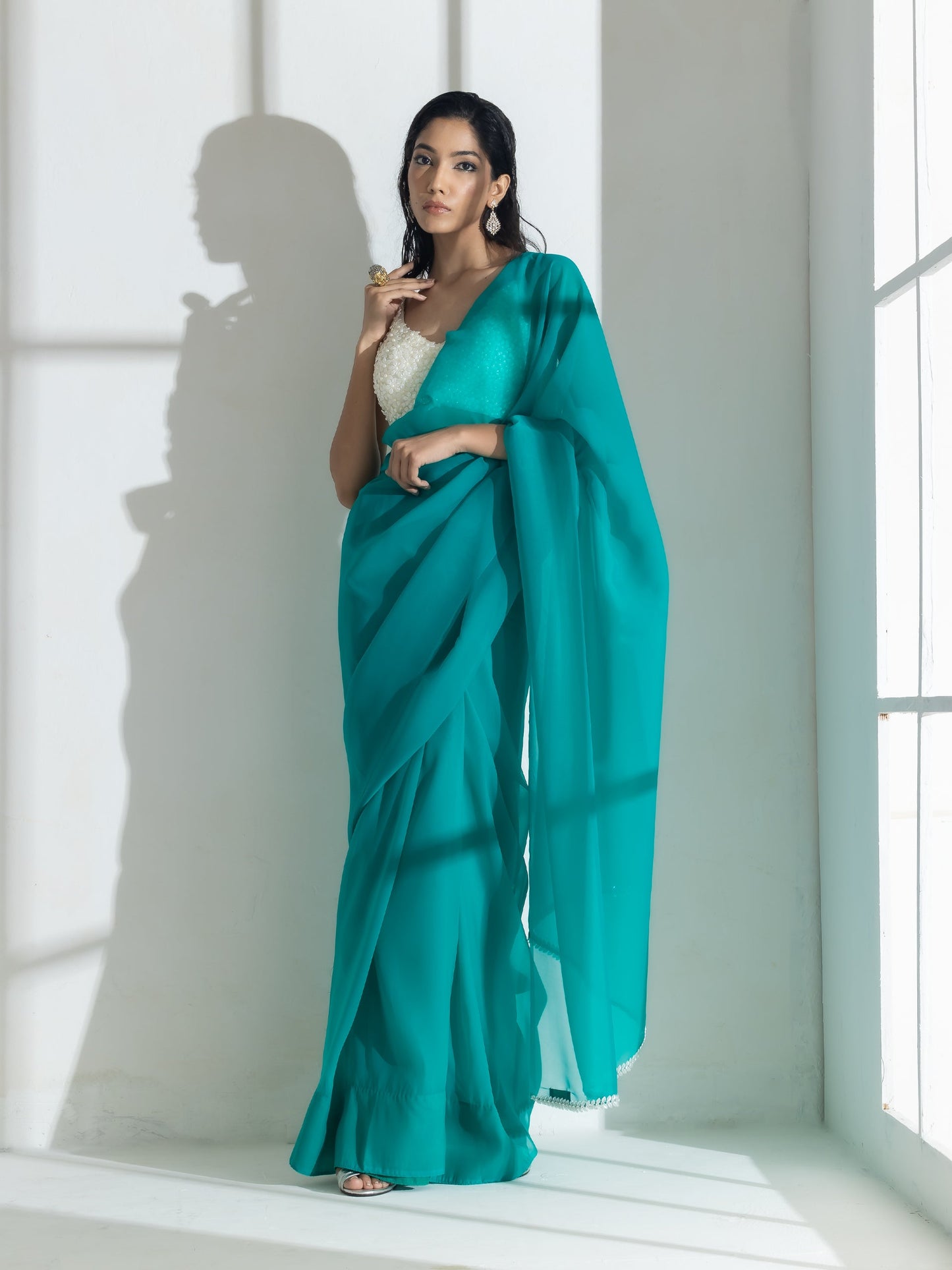 Dhiyona ST Topaz Super Soft Organza Saree with Pearl Leaves