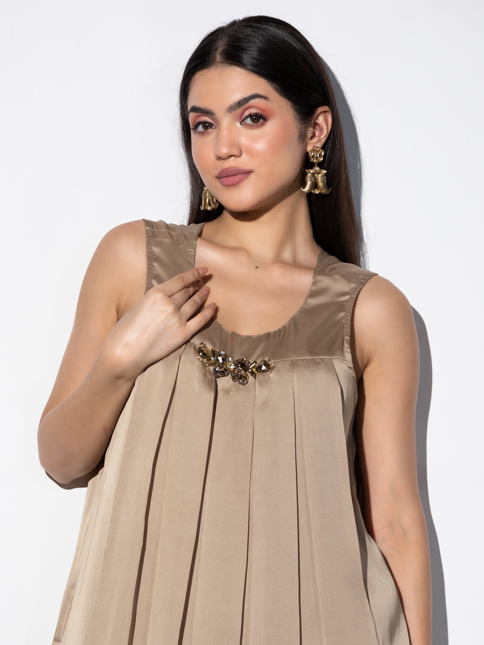 Dhiyona ST Women's Peanut Satin Kurta with Inverted Pleats and Swarovski Style Patch 1 Piece | A-Line, U Neck, Sleeveless, Festive Wear, (Satin)