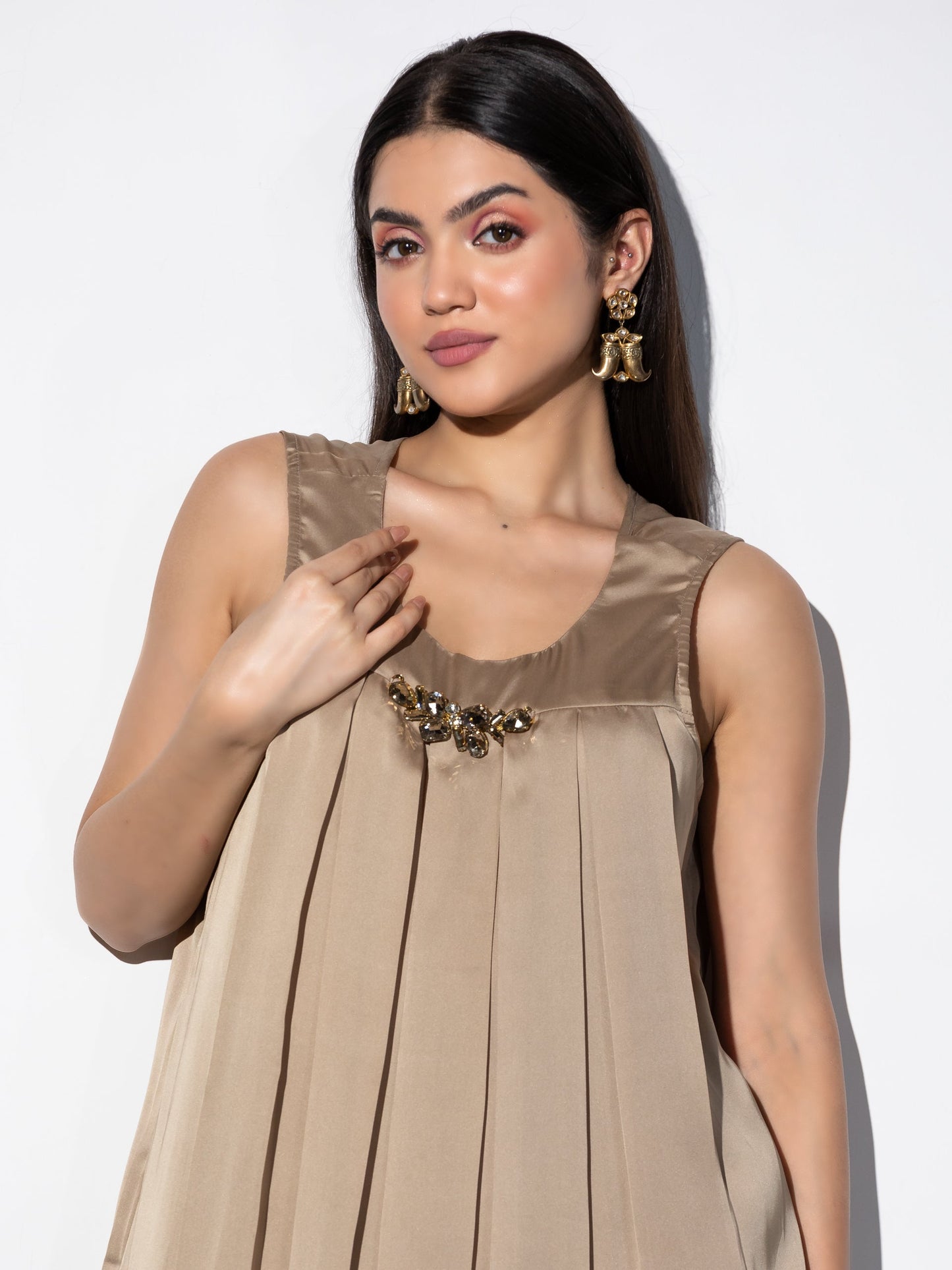 Dhiyona ST Women's Peanut Satin Kurta with Inverted Pleats and Swarovski Style Patch 1 Piece | A-Line, U Neck, Sleeveless, Festive Wear, (Satin)